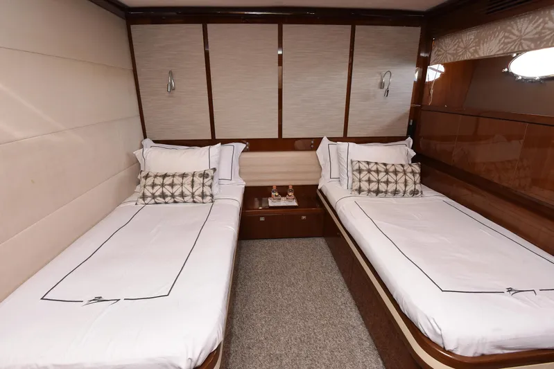 Princess One Yacht Photos Pics Luxurious twin bedroom on 2014 Princess Flybridge 98Y Motor Yacht.