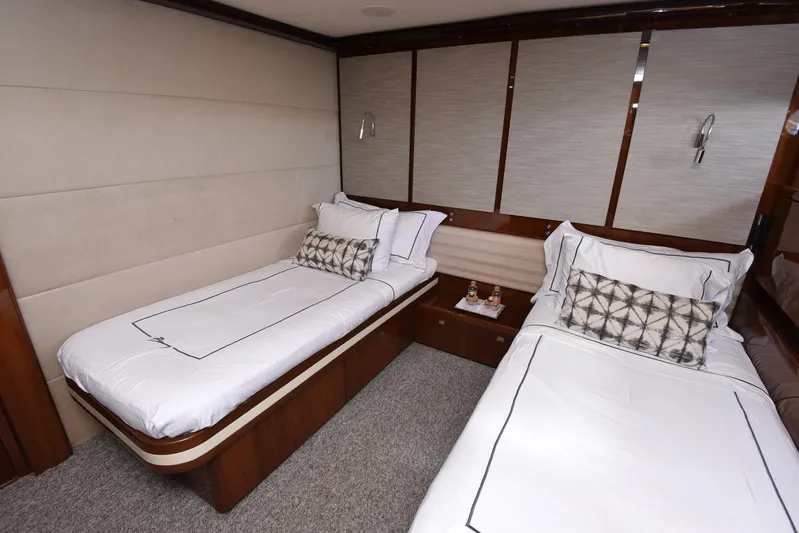 Princess One Yacht Photos Pics Luxurious twin bedroom in 2014 Princess Flybridge 98Y Motor Yacht.