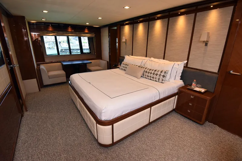 Princess One Yacht Photos Pics Luxurious bedroom interior of 2014 Princess Flybridge 98Y Motor Yacht.