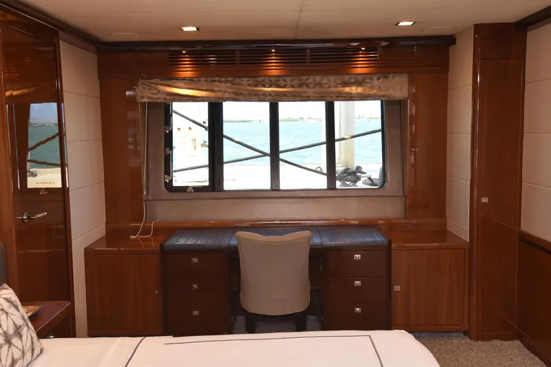 Princess One Yacht Photos Pics Luxurious cabin interior of 2014 Princess Flybridge 98Y Motor Yacht with ocean view.