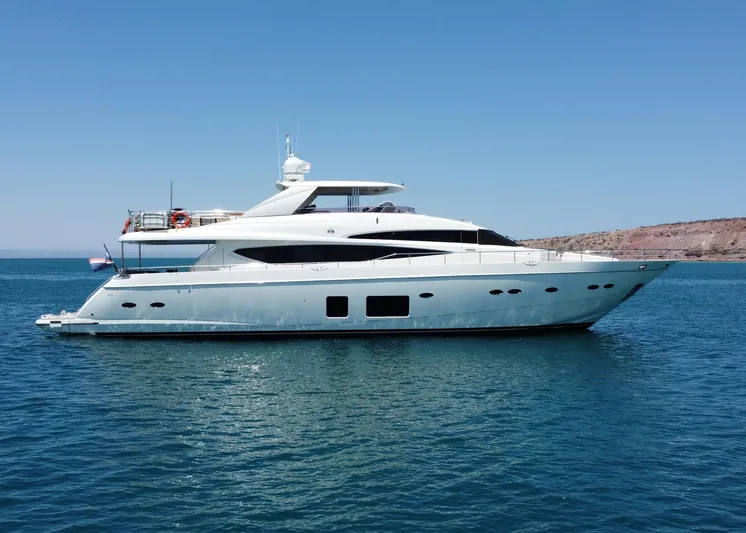 Princess One Yacht Photos Pics 2014 Princess Flybridge 98Y Motor Yacht on calm blue water.