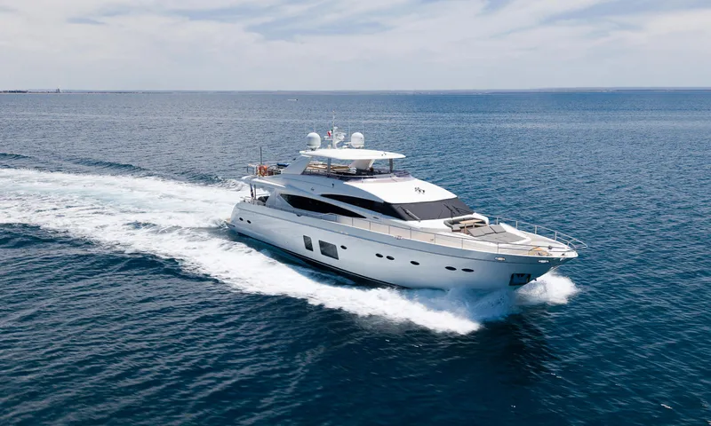 Princess One Yacht Photos Pics 2014 Princess Flybridge 98Y Motor Yacht cruising on open sea.