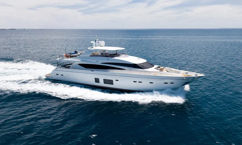 Princess One Yacht Photos Pics 2014 Princess Flybridge 98Y Motor Yacht cruising on open sea under clear skies.