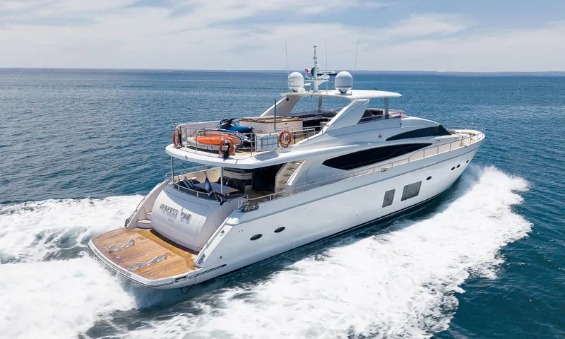 Princess One Yacht Photos Pics 2014 Princess Flybridge 98Y Motor Yacht cruising on open water.