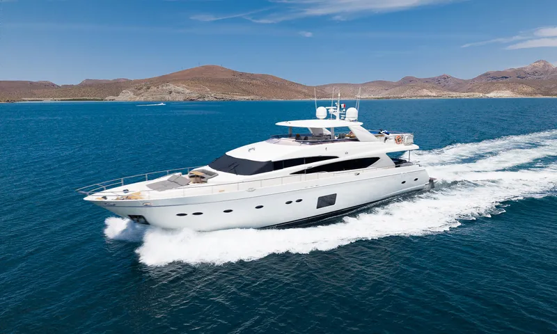 Princess One Yacht Photos Pics Luxurious 2014 Princess Flybridge 98Y Motor Yacht cruising on open water.