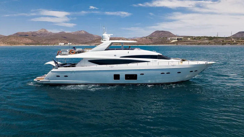 Princess One Yacht Photos Pics 2014 Princess Flybridge 98Y Motor Yacht cruising on open water.