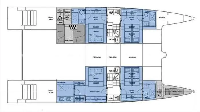Rosa Del Mar Yacht Photos Pics Floor plan of a 2017 Sunreef Supreme 68 catamaran, showcasing cabin and technical areas.