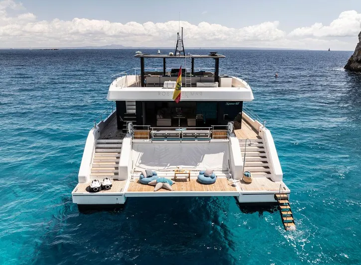 Rosa Del Mar Yacht Photos Pics Luxurious 2017 Sunreef Supreme 68 yacht on clear blue ocean waters.