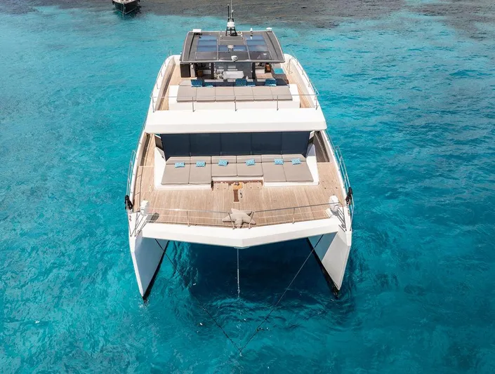 Rosa Del Mar Yacht Photos Pics Luxurious 2017 Sunreef Supreme 68 catamaran on clear turquoise water.