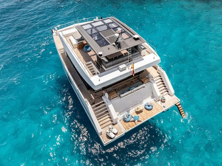 Rosa Del Mar Yacht Photos Pics Luxurious 2017 Sunreef Supreme 68 yacht on clear blue water, aerial view.