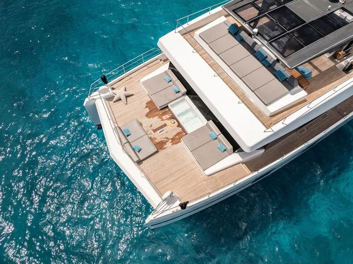 Rosa Del Mar Yacht Photos Pics Luxurious Sunreef Supreme 68 yacht, 2017 model, with spacious deck on clear blue water.