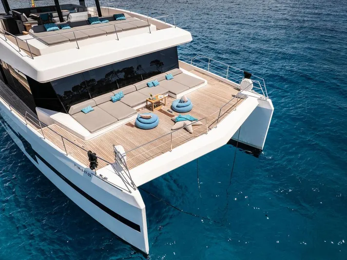 Rosa Del Mar Yacht Photos Pics Luxurious 2017 Sunreef Supreme 68 yacht with spacious deck on clear blue water.