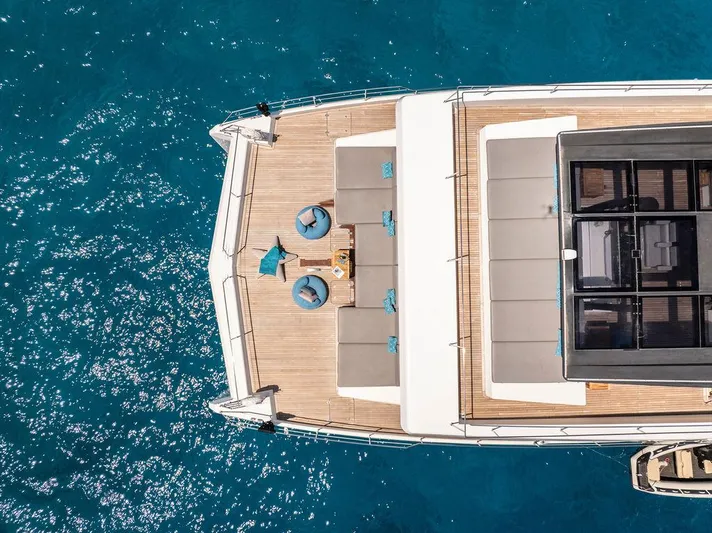 Rosa Del Mar Yacht Photos Pics Aerial view of 2017 Sunreef Supreme 68 yacht on blue ocean water.