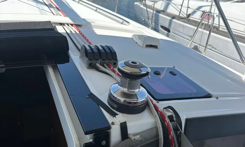 Lele Kalua Yacht Photos Pics 2014 Beneteau Oceanis 41 sailboat deck with winch and ropes.