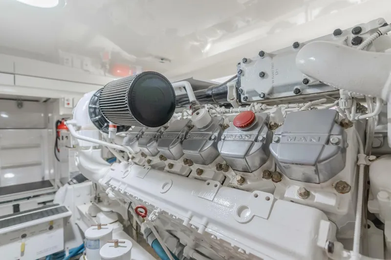 Endurance Yacht Photos Pics Engine room of 2008 Viking 52 Sport Coupe with MAN engine components.