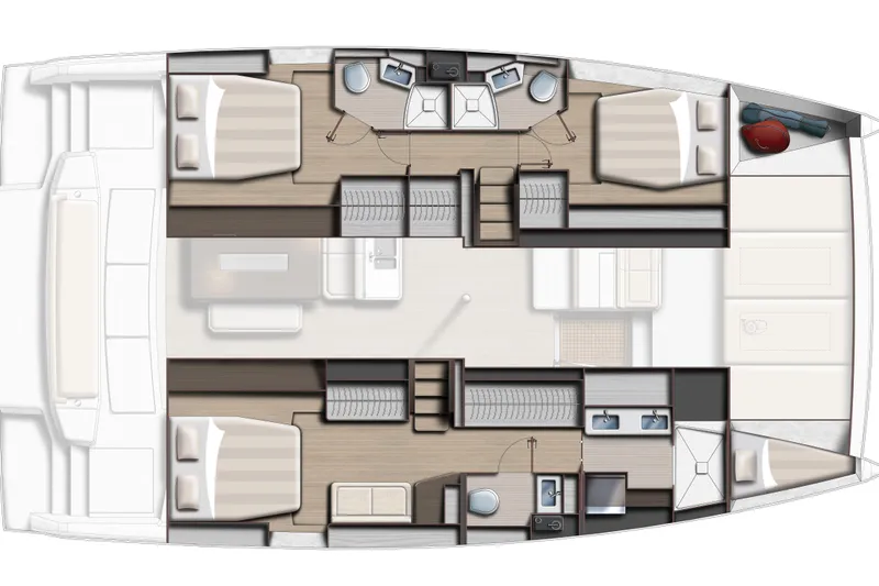  Yacht Photos Pics Floor plan of 2026 Bali BALI 4.6 catamaran, featuring bedrooms, bathrooms, and living areas.