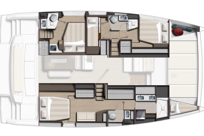  Yacht Photos Pics Floor plan of 2026 Bali BALI 4.6 catamaran, featuring cabins and bathrooms.