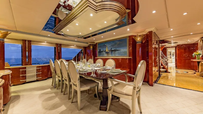I Love This Boat Yacht Photos Pics Luxurious dining area on 2002 Christensen Tri Deck yacht with elegant decor and ocean views.
