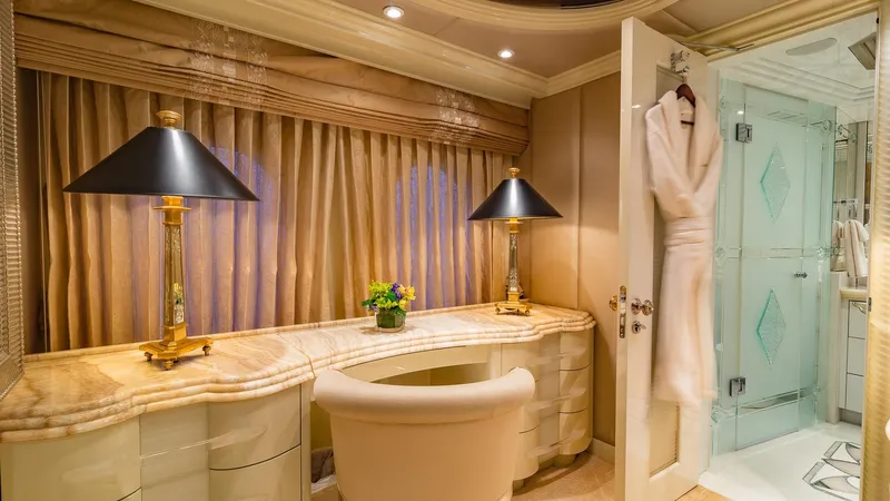 I Love This Boat Yacht Photos Pics Luxurious interior of 2002 Christensen Tri Deck yacht with elegant desk and lighting.