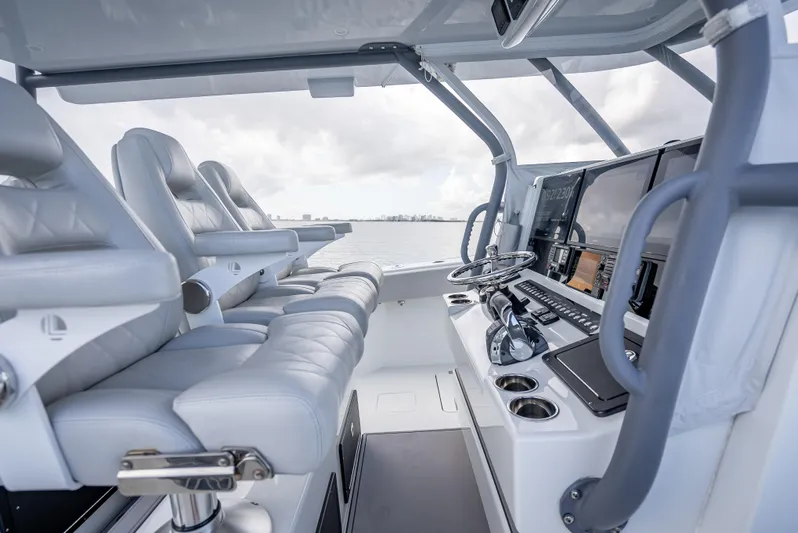 "whiskey Business" Yacht Photos Pics Freeman 42 LR 2020 boat interior with modern helm and seating.