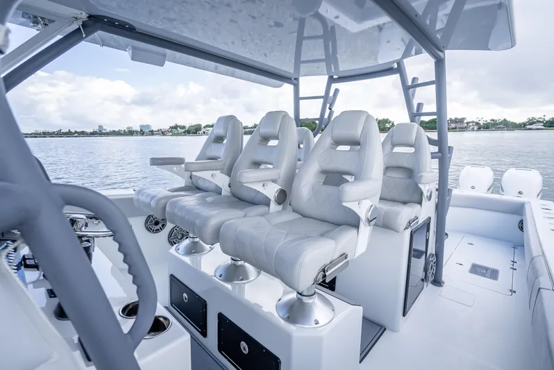 "whiskey Business" Yacht Photos Pics 2020 Freeman 42 LR boat interior with luxurious seating and modern design.