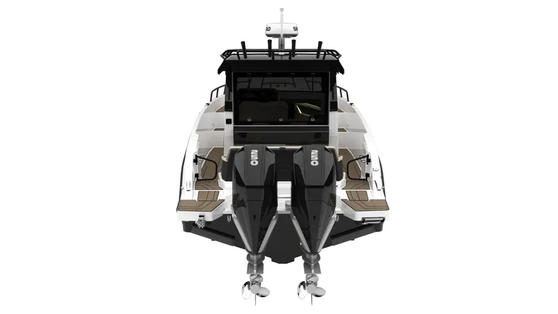  Yacht Photos Pics Navan C30 2025 boat, rear view with dual outboard motors, sleek design.