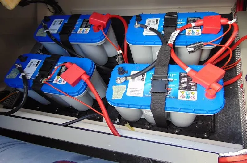  Yacht Photos Pics Four blue car batteries with red cables in a Navan C30, 2025 model.