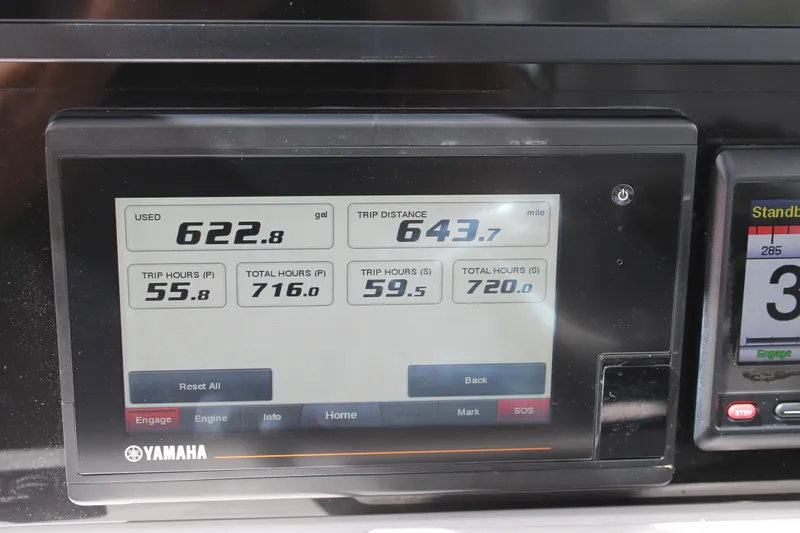  Yacht Photos Pics Yamaha display showing fuel usage and trip data on 2018 Sea Fox 328 Commander.