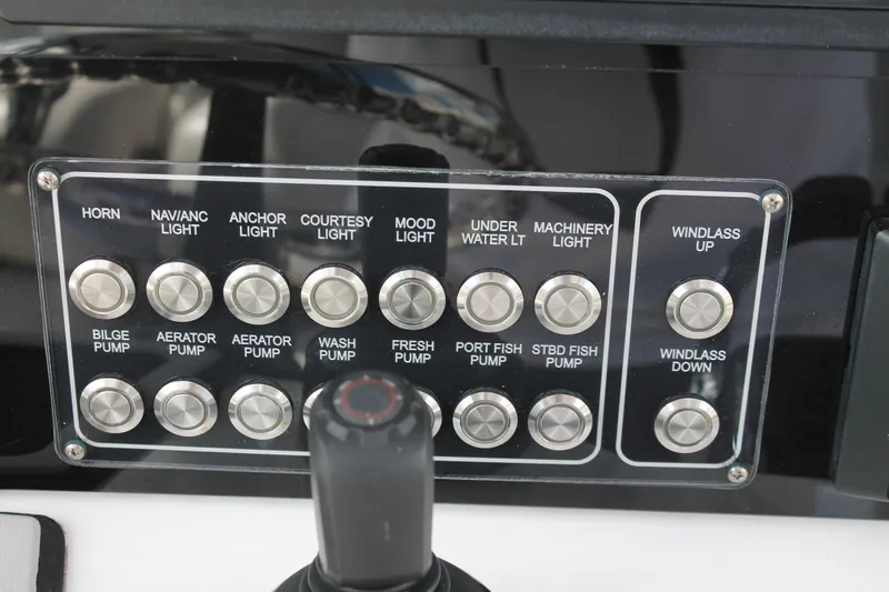  Yacht Photos Pics Control panel of a 2018 Sea Fox 328 Commander boat with labeled buttons.