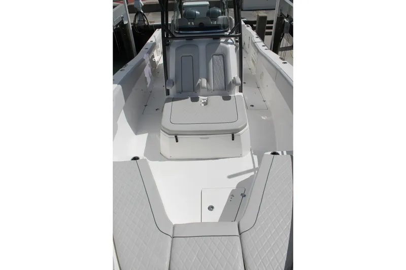  Yacht Photos Pics 2018 Sea Fox 328 Commander boat interior with cushioned seating and storage compartments.