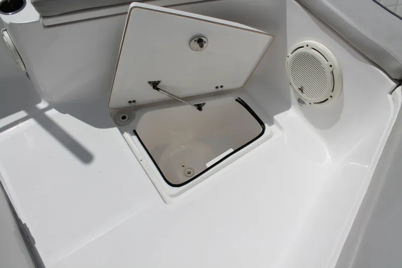  Yacht Photos Pics Open storage compartment on 2018 Sea Fox 328 Commander boat deck.