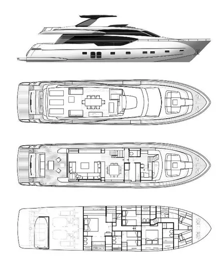  Yacht Photos Pics Sanlorenzo SL86 2019 yacht blueprint with side view and detailed deck layouts.