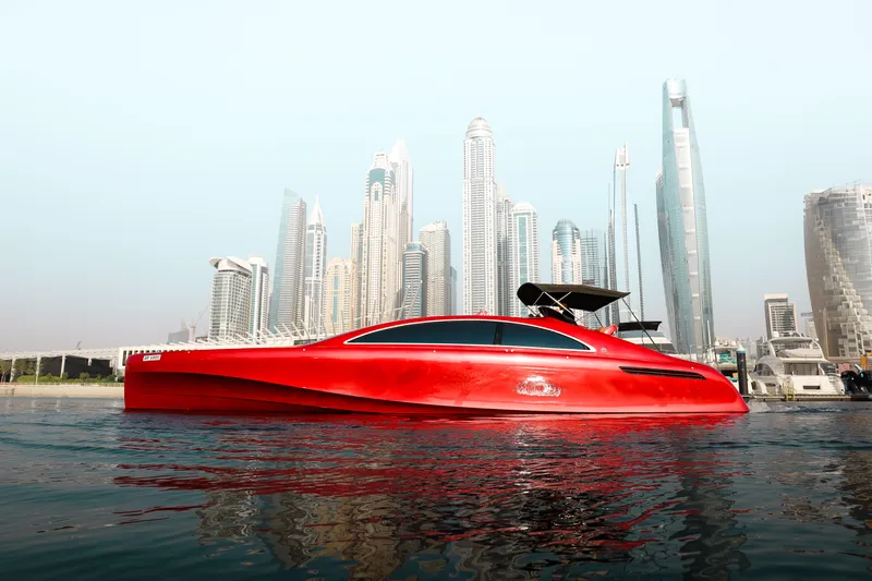 Mercedes Yacht Photos Pics Red 2016 Silver Arrow 460 GT yacht in urban waterfront setting with skyscrapers.