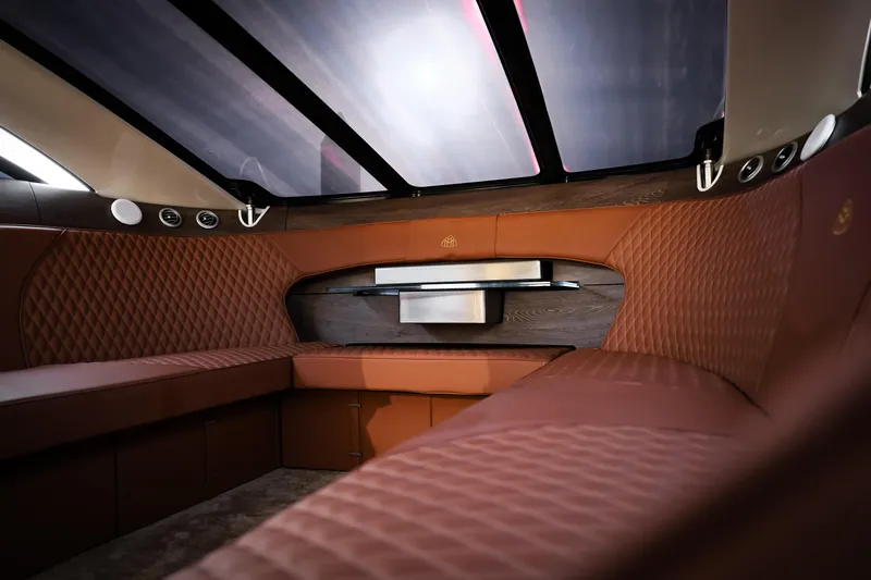 Mercedes Yacht Photos Pics Luxurious interior of 2016 Silver Arrow 460 GT with quilted leather seating and modern design.