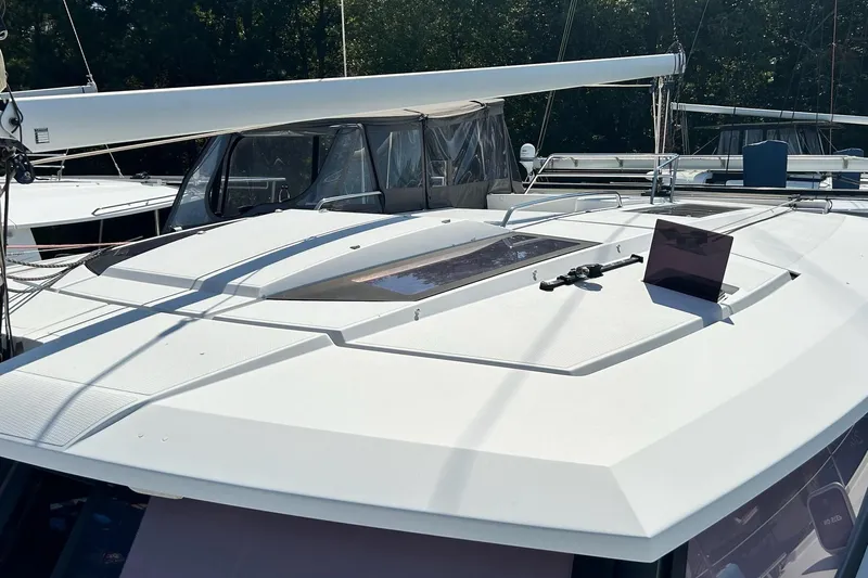  Yacht Photos Pics 2019 Fountaine Pajot Helia 44 Evolution catamaran deck with sleek design and modern features.