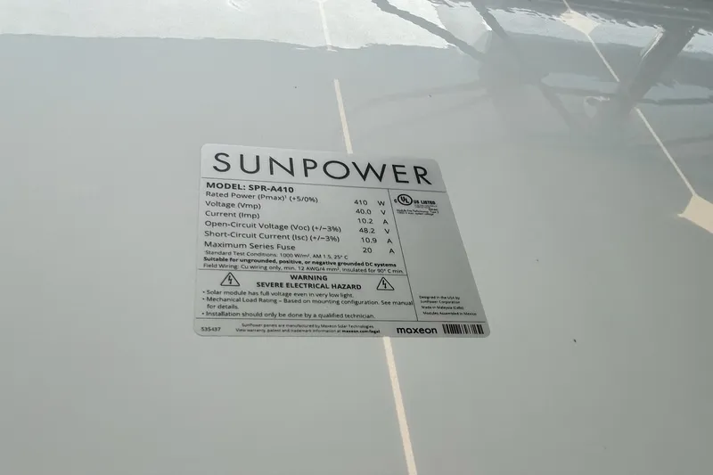  Yacht Photos Pics SunPower solar panel label on 2019 Fountaine Pajot Helia 44 Evolution catamaran.