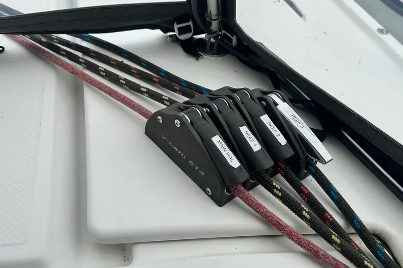  Yacht Photos Pics Close-up of rope clutches on a 2019 Fountaine Pajot Helia 44 Evolution catamaran.
