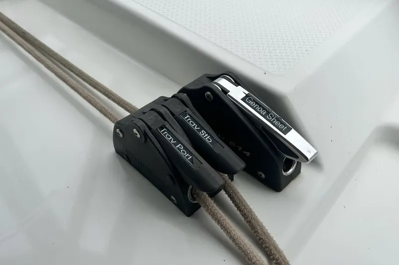  Yacht Photos Pics Close-up of rope clutches on a 2019 Fountaine Pajot Helia 44 Evolution catamaran.