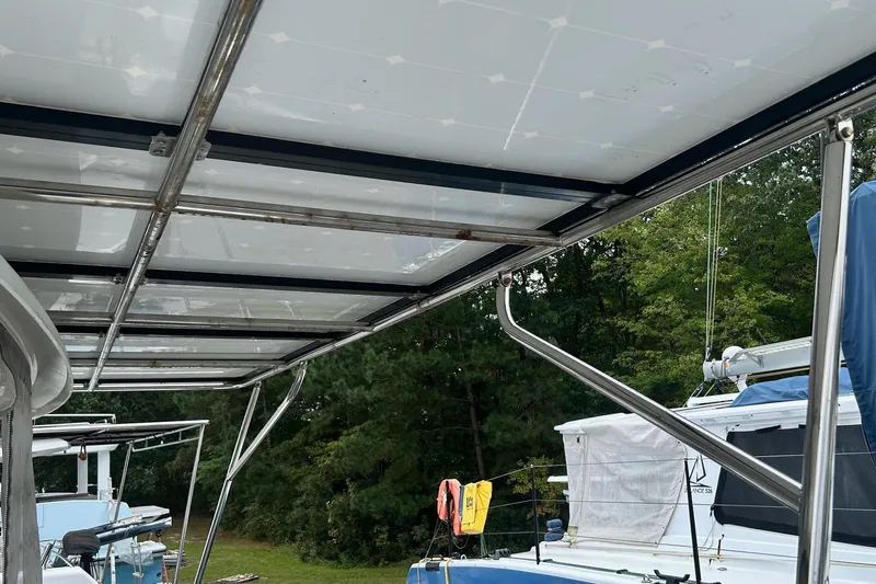  Yacht Photos Pics 2019 Fountaine Pajot Helia 44 Evolution catamaran with solar panels and stainless steel framework.