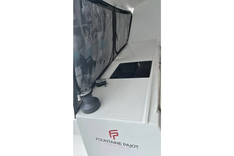  Yacht Photos Pics 2019 Fountaine Pajot Helia 44 Evolution yacht deck with winch and logo.