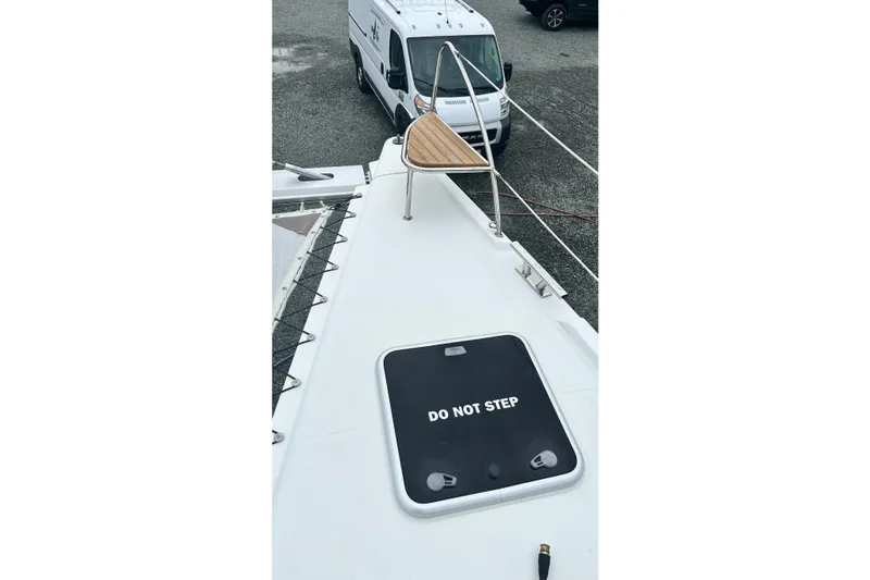  Yacht Photos Pics 2019 Fountaine Pajot Helia 44 Evolution catamaran deck with "Do Not Step" sign.