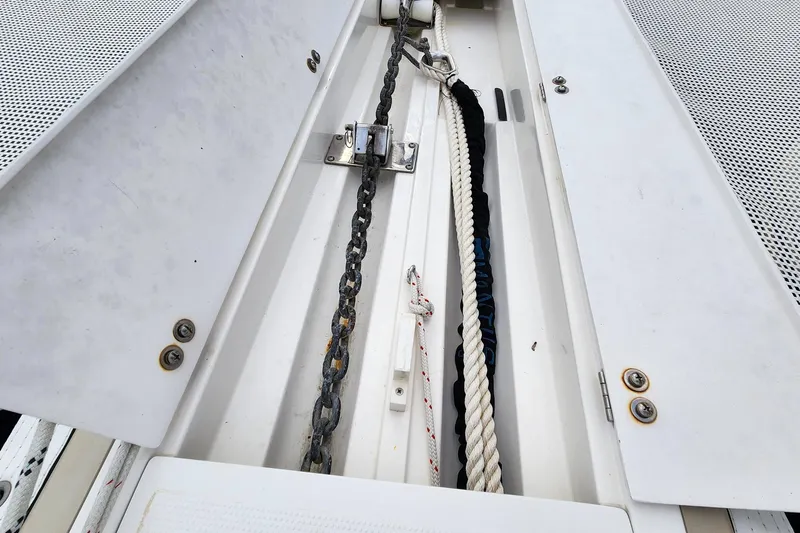 Cinnamon Yacht Photos Pics Anchor chain and rope storage on 2019 Antares 44GT boat deck.