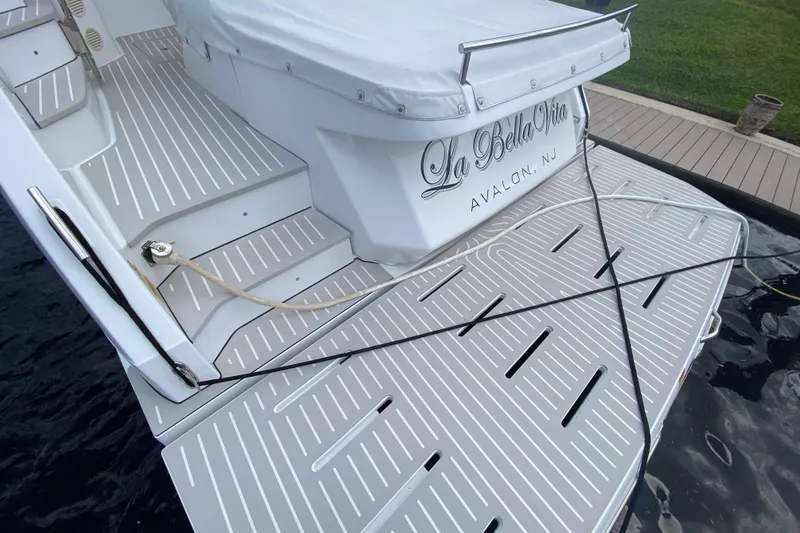  Yacht Photos Pics Azimut Atlantis 45 yacht, 2021 model, docked with "La Bella Vita" nameplate.