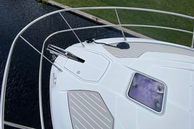  Yacht Photos Pics Bow view of 2021 Azimut Atlantis 45 yacht with sleek deck design.