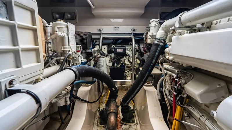  Yacht Photos Pics Engine room of a 2008 Cabo 38 Express boat, showcasing complex machinery and components.