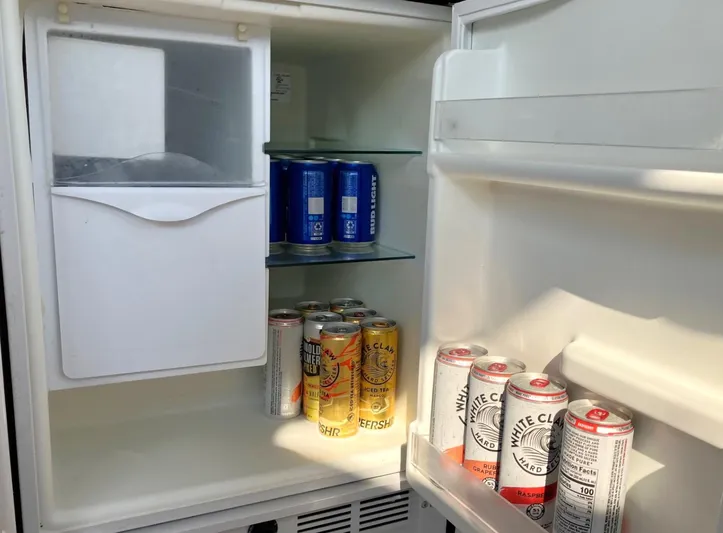 Sapphire Yacht Photos Pics Mini fridge stocked with White Claw and beer cans on a 2014 Regal 38 Express.