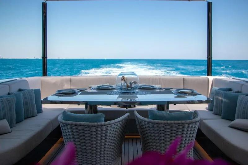 Eiv Yacht Photos Pics Luxurious Rossinavi Custom 2020 yacht dining area with ocean view and elegant seating.