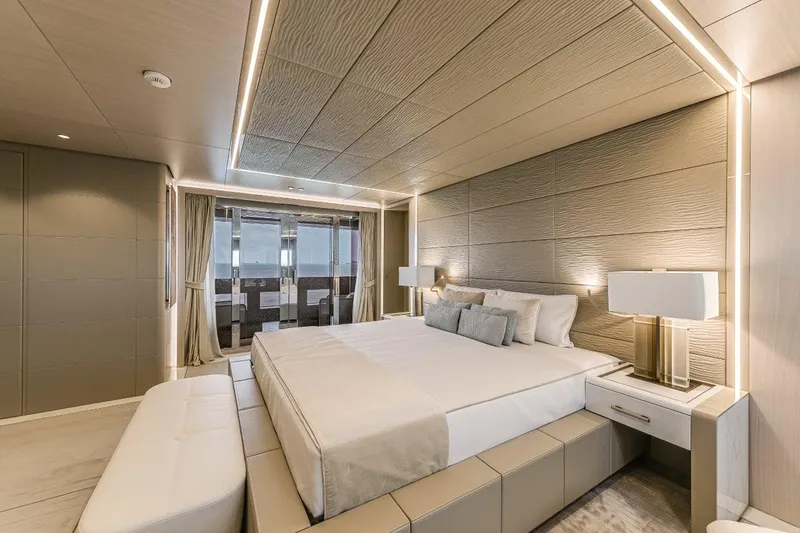 Eiv Yacht Photos Pics Luxurious Rossinavi Custom 2020 yacht bedroom with modern design and elegant lighting.