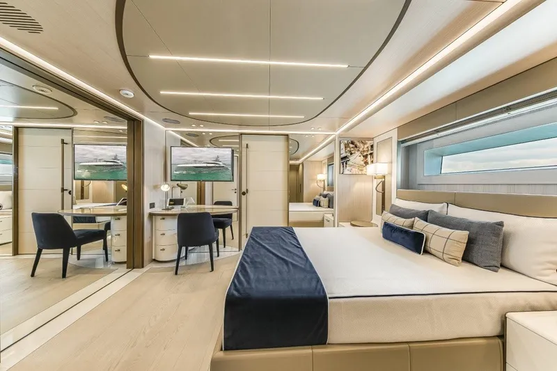 Eiv Yacht Photos Pics Luxurious Rossinavi Custom 2020 yacht bedroom with modern decor and elegant furnishings.