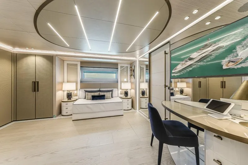 Eiv Yacht Photos Pics Luxurious Rossinavi Custom 2020 yacht interior with modern bedroom and elegant furnishings.